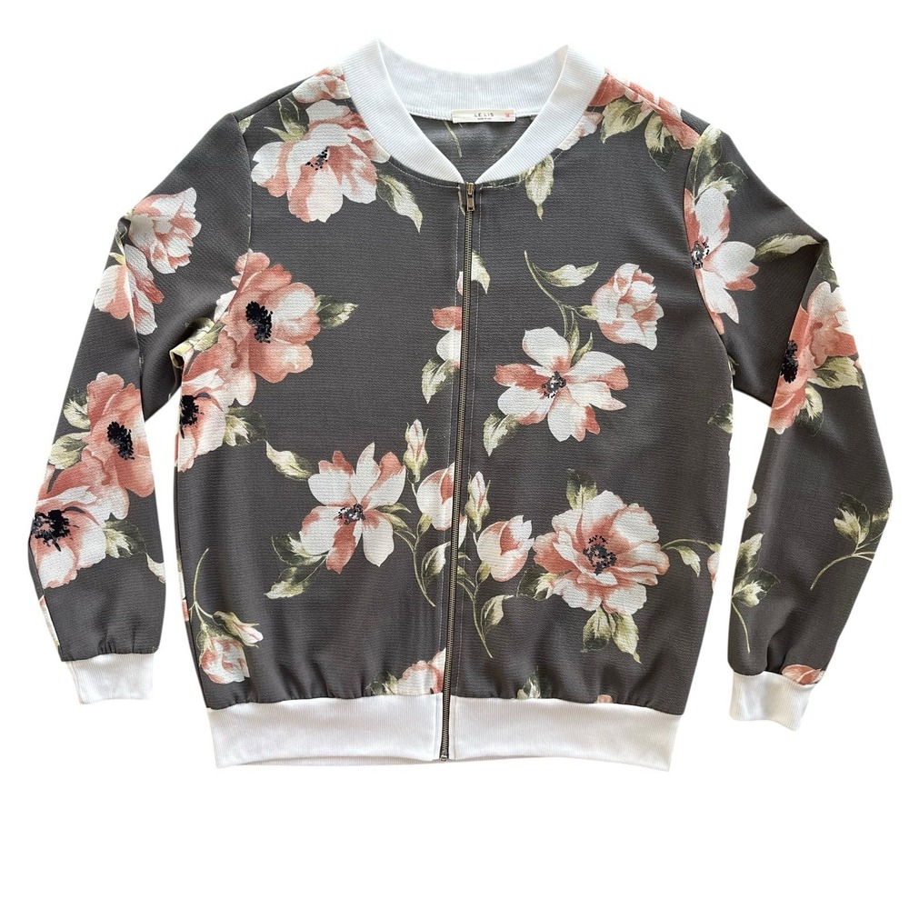Le Lis Womens S Grey Pink White Floral Chiffon Zip Frt Bomber Jacket Cottagecore
